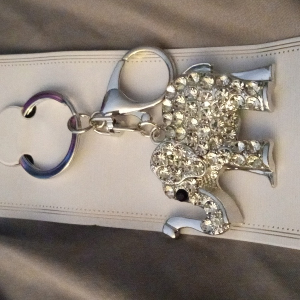 LARGE ELEPHANT PURSE CHARM KEY FOB SILVER TRUNK UP 3D 4 IN WHITE CRYSTAL OFFERS